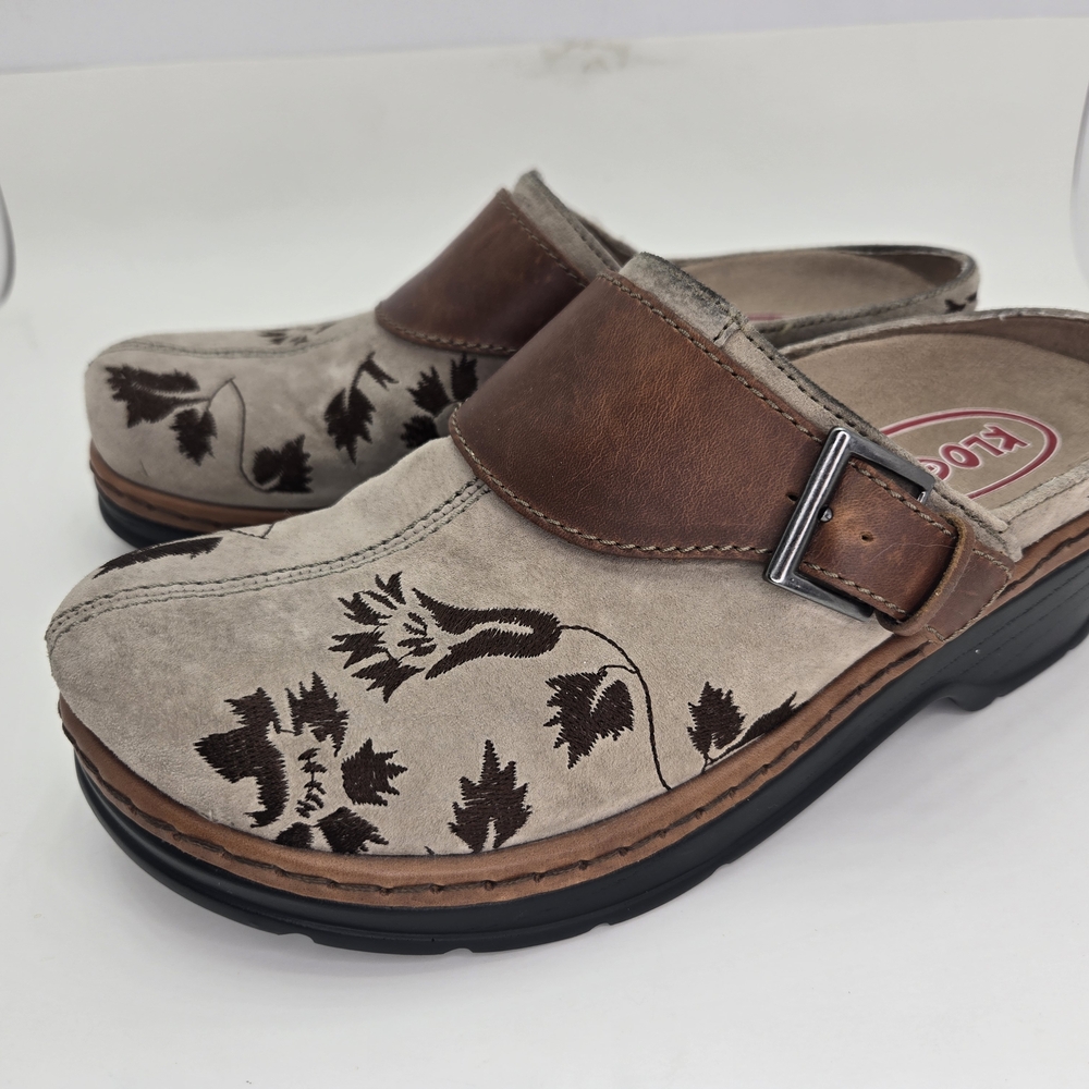 Klogs Brown Cream Floral Mules Austin Comfort Taupe Suede Tapestry Size 8.5